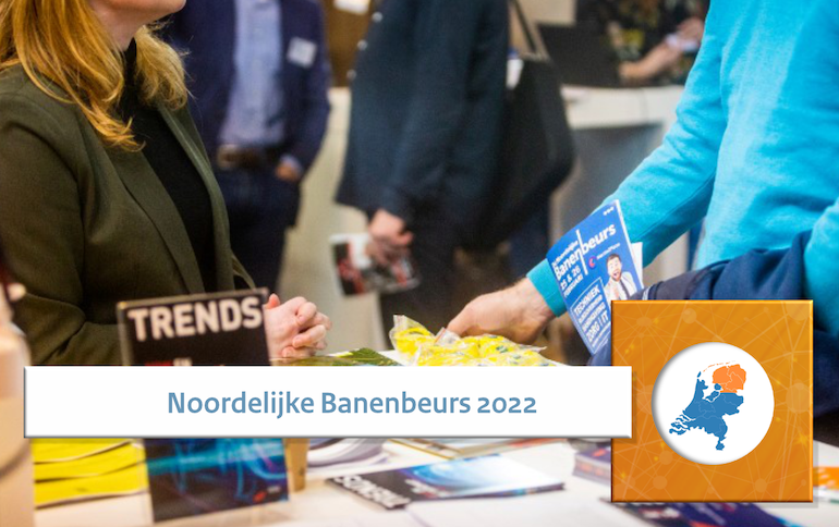 Sfeerbeeld van een eerdere banenbeurs met de tekst 'Noordelijke Banenbeurs 2022'