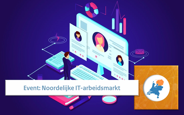 Grafische weergave van een persoon voor een beeldscherm met daarbij de tekst 'Event: Noordelijke IT-arbeidsmarkt'