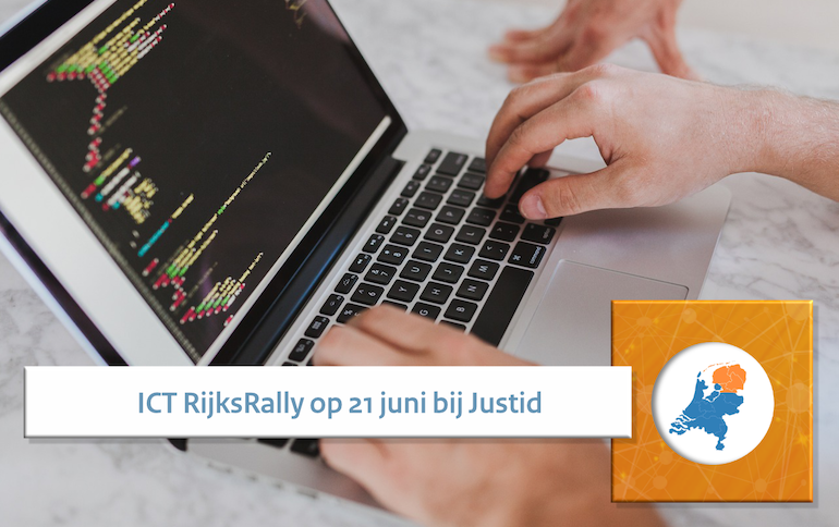 Beeld van een laptop met de tekst 'ICT RijksRally op 21 juni bij Justid'