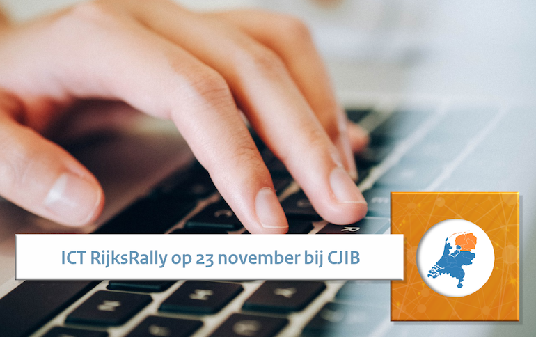 Beeld van vingers op een toetsenbord met daarbij de tekst 'ICT RijksRally op 23 november bij CJIB'
