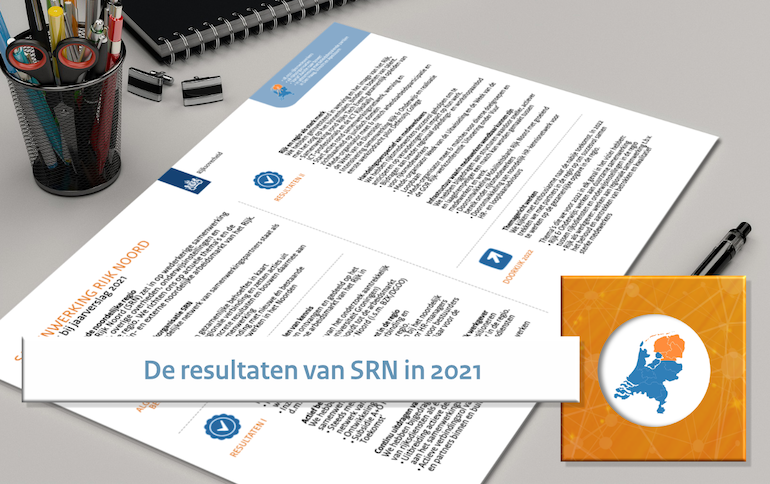 Beeld van het SRN-jaarverslag op een bureau met de tekst 'De resultaten van SRN in 2021'
