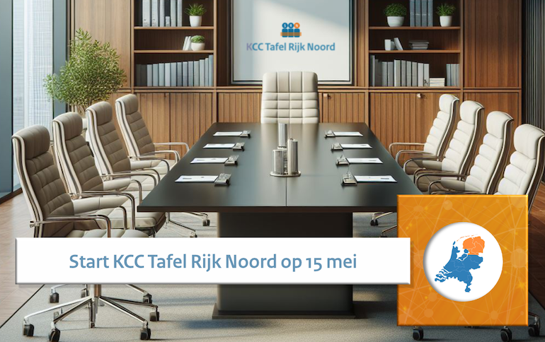 Beeld van een vergadertafel en het SRN-logo met daarbij de tekst 'Start KCC Tafel Rijk Noord op 15 mei'