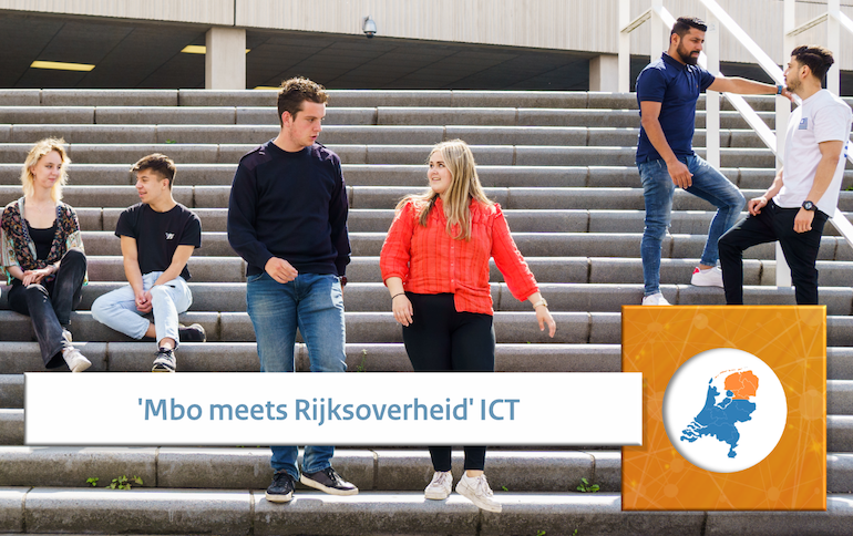 Beeld van studenten met daarbij de tekst 'Mbo meets Rijksoverheid' ICT