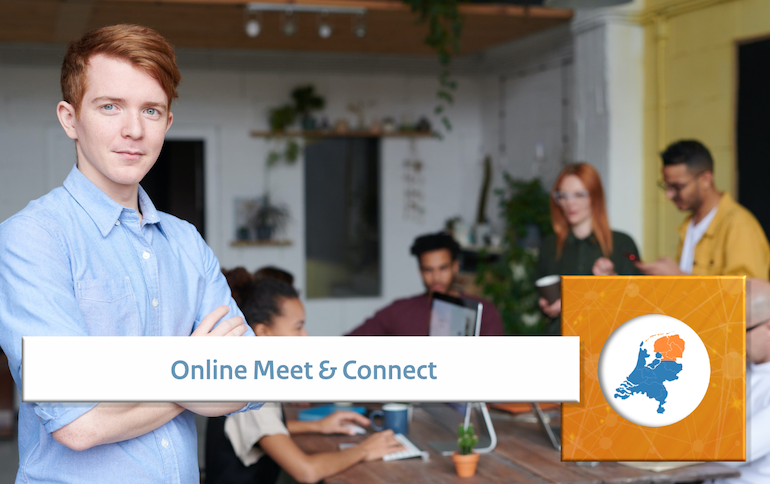 Beeld van medewerkers op kantoor met de tekst 'Online Meet en Connect'
