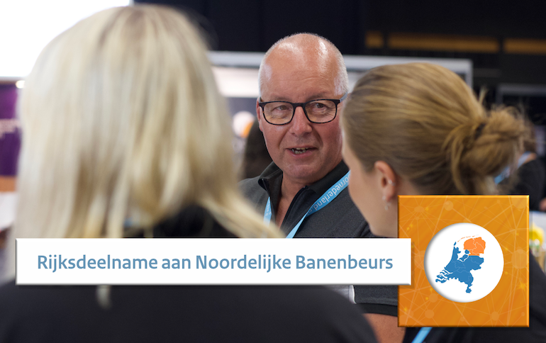 Sfeerbeeld van de Noordelijke Banenbeurs met daarbij de tekst 'Rijksdeelname aan Noordelijke Banenbeurs'