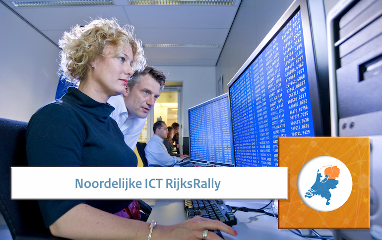 Beeld van twee medewerkers bij een beeldscherm met de tekst 'noordelijke ICT RijksRally'
