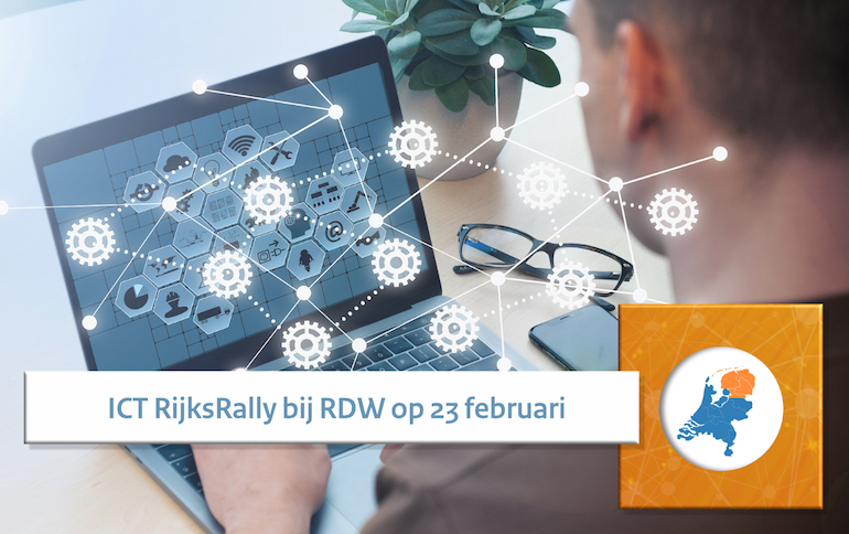 Beeld van een man achter een laptop met de tekst 'ICT RijksRally bij RDW op 23 februari'