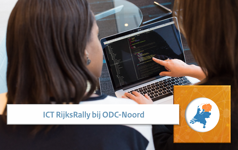 Beeld van twee vrouwen bij een laptop met de tekst 'ICT RijksRally bij ODC-Noord'