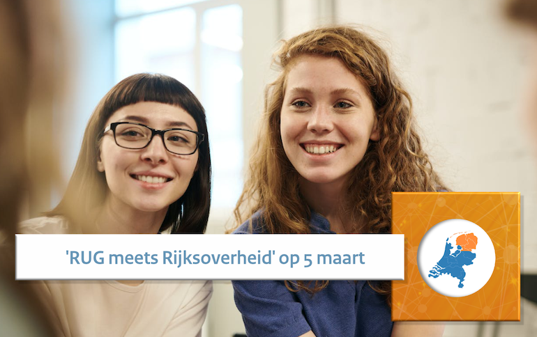 Beeld van twee studenten met daarbij de tekst 'RUG meets Rijksoverheid op 5 maart'