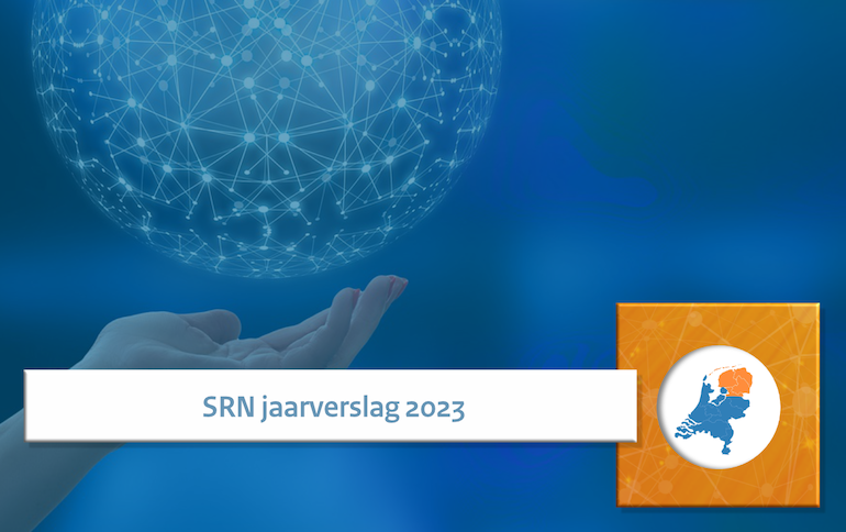 Beeld van een hand en een weergave van een netwerk met daarbij de tekst 'SRN jaarverslag 2023'