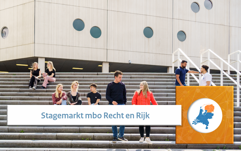 Beeld van studenten bij een schoolgebouw met de tekst 'Stagemarkt mbo Recht en Rijk'