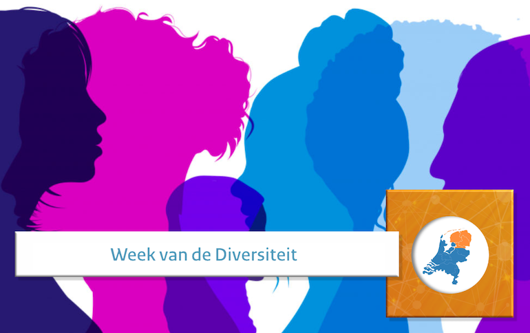 Beeld van silhouetten van mensen in diverse kleuren met de tekst 'Week van de Diversiteit'