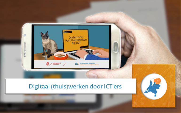 Beeld van een hand die een mobiele telefoon vasthoudt met de tekst 'Digitaal thuiswerken door ICT'ers'