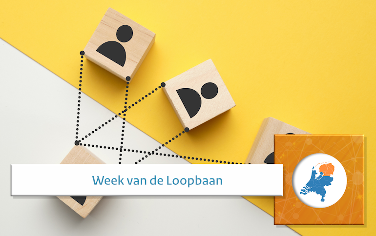 Abstracte weergave van een netwerk met de tekst 'Week van de Loopbaan'