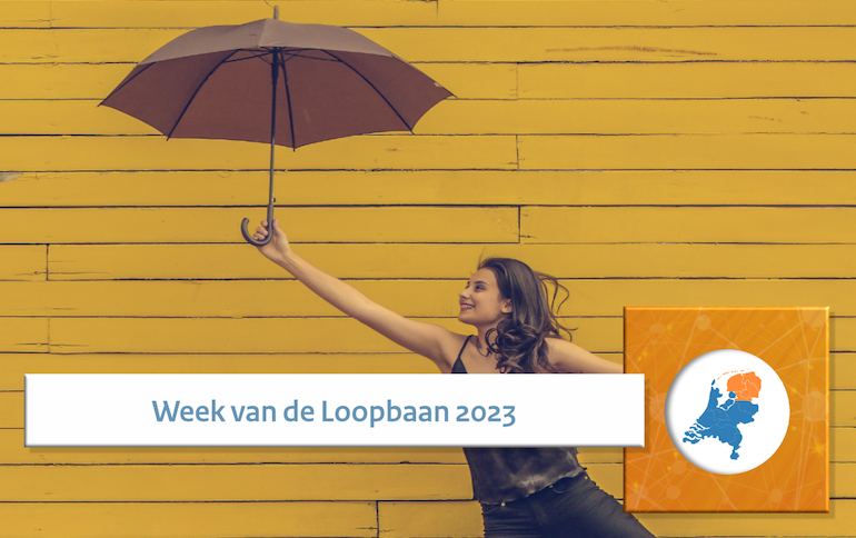 Beeld van een vrouw met een paraplu met daarbij de tekst 'Week van de Loopbaan 2023'