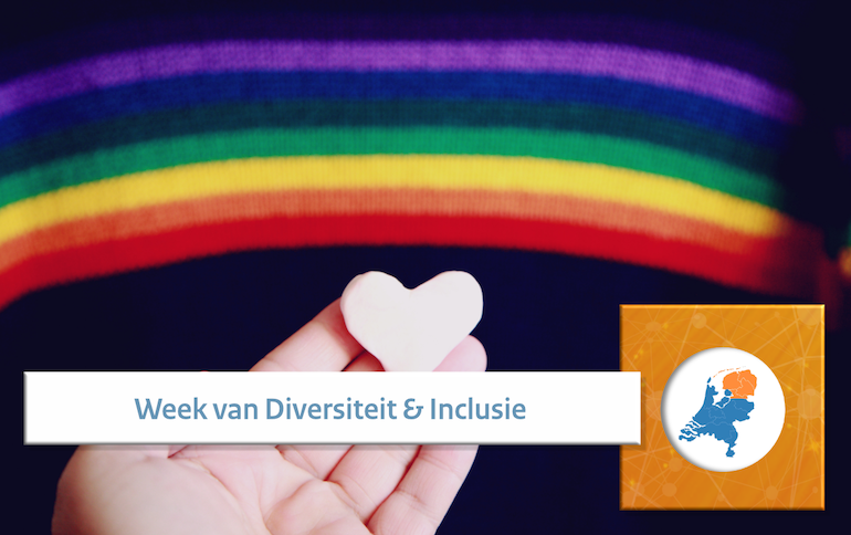 Beeld van een regenboog en een hand met een hart met daarbij de tekst 'Week van Diversiteit en Inclusie'