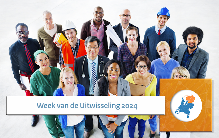 Beeld van een groep mensen met uiteenlopende beroepen met daarbij de tekst 'Week van de Uitwisseling 2024'